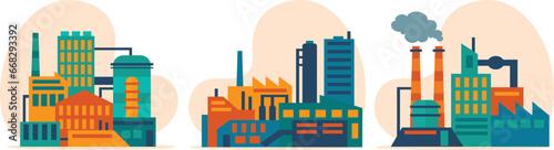 Industrial factory building illustration set. industrial buildings with smoke pipes thermal power plants, warehouse.
