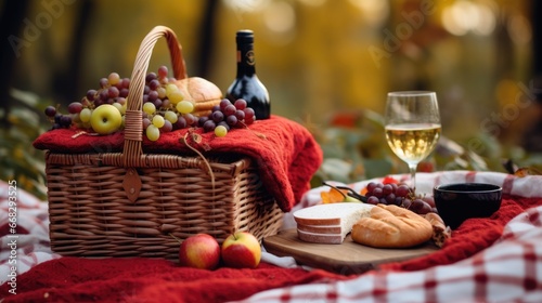 Autumnal Picnic: Rustic Baskets, Fine Wine, delicious fruit and Nature's Bounty - Ai Generative
