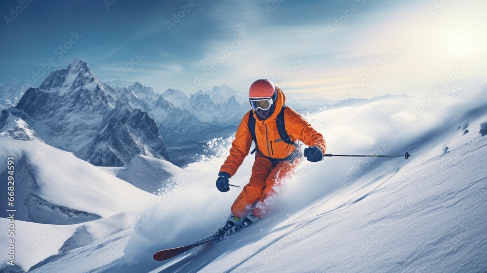 exhilaration of winter holidays with a joyful skier playing in the fresh snow. Create captivating images of active winter fun