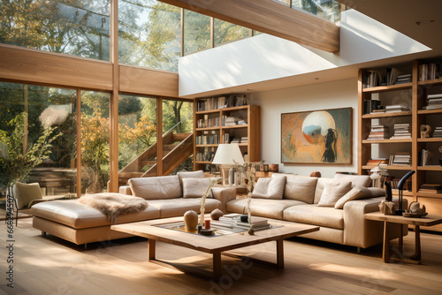 Modern living room with panoramic windows, a cozy sofa area, built-in bookshelves, and an artistic touch, surrounded by nature.
