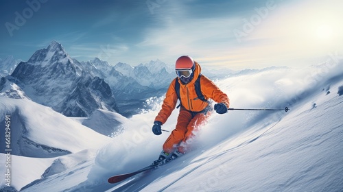 exhilaration of winter holidays with a joyful skier playing in the fresh snow. Create captivating images of active winter fun