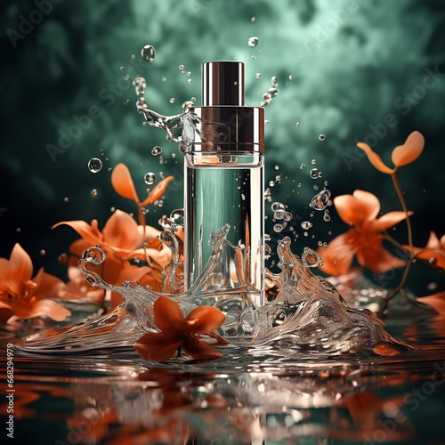 3d render of cosmetic bottle on water splash backgroud photo