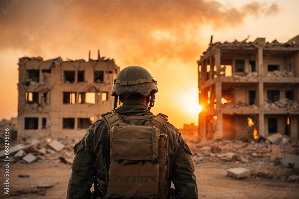 Palestine Army Soldier Amid Ruined Building at Sunset Israel Palestine conflict Gaza Strip