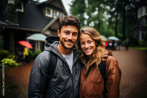 Joyful young couple sharing a genuine moment of happiness outdoors, dressed in raincoats with a suburban backdrop.