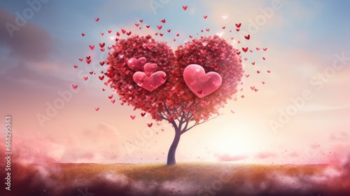 Nature's Romance: captivating stock images featuring a love tree adorned with heart-shaped leaves and flying hearts. Symbolize love, unity, and affection in the natural world. photo