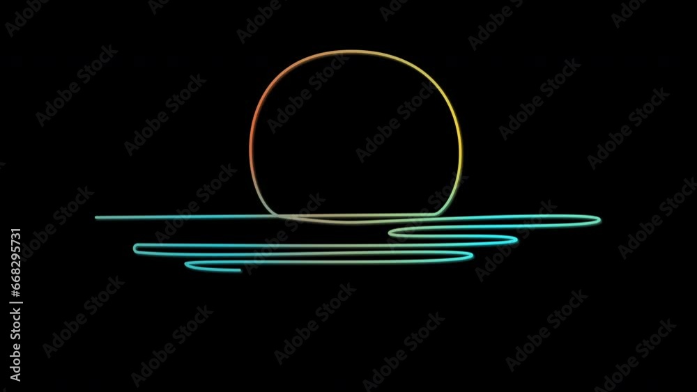 Sun, sunset, sunrise, sea horizon. Line art self drawing animation. Blue and yellow line animated on black background. Sun, sunset, sunrise, sea horizon. Line art self drawing animation. Blue and yellow line animated on black background.