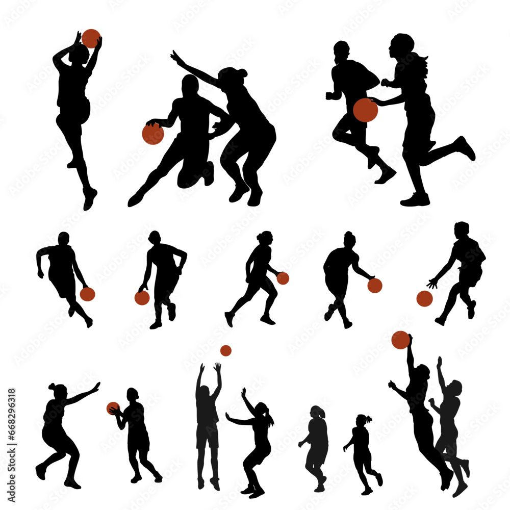 Basketball silhouettes. Set of silhouettes of basketball female players in game motions. Vector illustration.