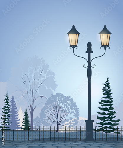 Winter christmas landscape with city park, trees, street lantern. Vector illustration.