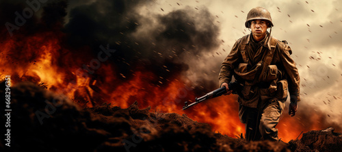 A World War II Soldier in Uniform  Holding a Rifle  Stands Heroically Against a War Scene Background  Symbolizing Courage and Heroism