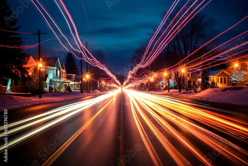 A long-exposure shot of a street with Christmas lights, Generative AI, AI