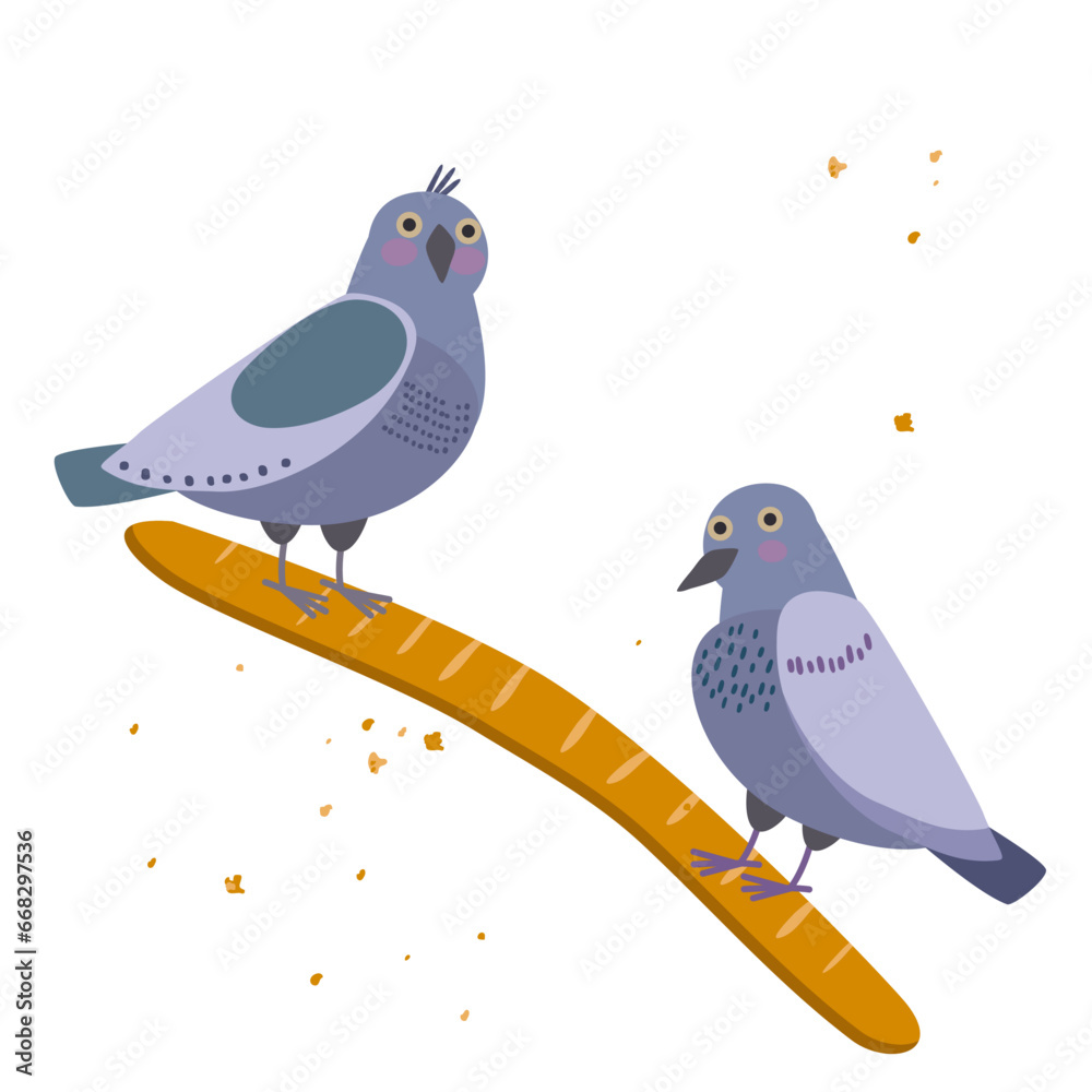 Fototapeta premium pigeons pecking baguette funny picture
