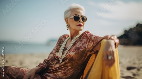 a grandmother in a kebaya who is relaxing on the beach wearing glasses 