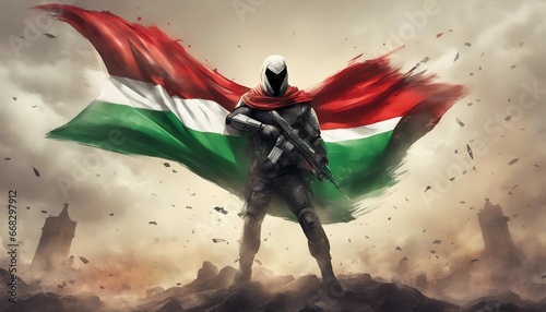 A man holds a Palestinian flag in front of a Al Aqsa Mosque. Superhero or Warrior wearing a Palestine Flag to save the Gaza. photo