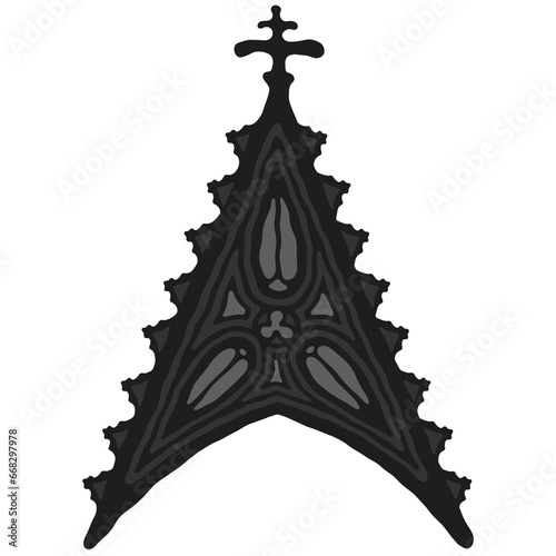 Gothic wimperg/gable/niche stylized drawing. Architectural stone frame; european medieval cathedral/church tracery/engraving illustration