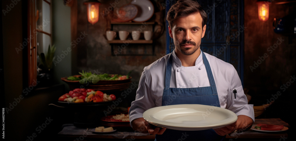 Emply plate with space to copy or a dish. Chef Holding an empty plate. Copy space. Gastronomy concept