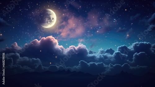 Moonlit Dreamscape: enchanting images of a crescent moon nestled among soft clouds, with stars dotting the tranquil night sky