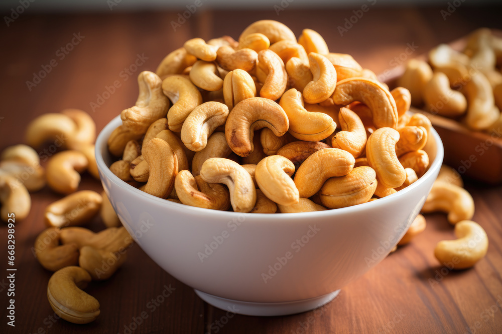bowl of cashew nuts on wooden table bowl of cashew nuts on wooden table