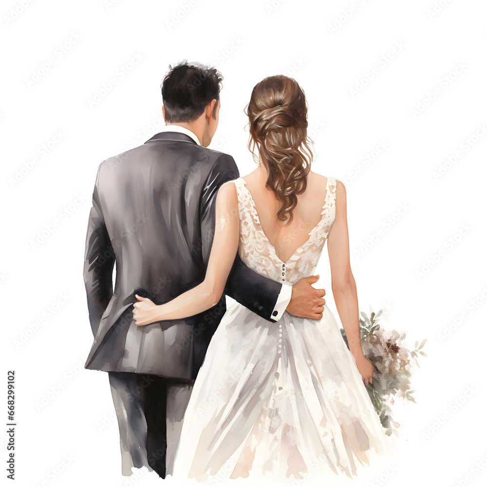 The bride and groom embrace. Wedding concept. Watercolor illustration
