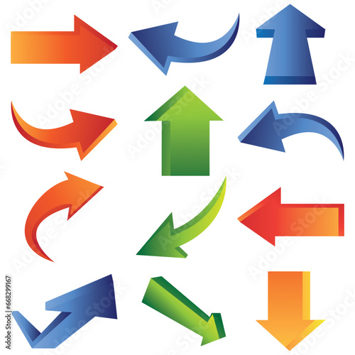 Orenge, blue, green 3d arrows of various shapes set. Realistic arrow twisted in various directions. Infographic object a pointer sign