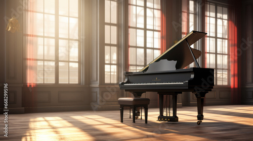 Living room with grand piano and large window with bright daylight coming entering room.