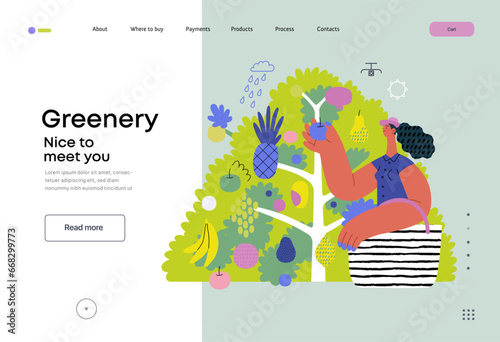 Greenery, ecology -modern flat vector concept illustration of a woman gathering fruit from the 40 fruit tree. Metaphor of environmental sustainability and protection, closeness to nature