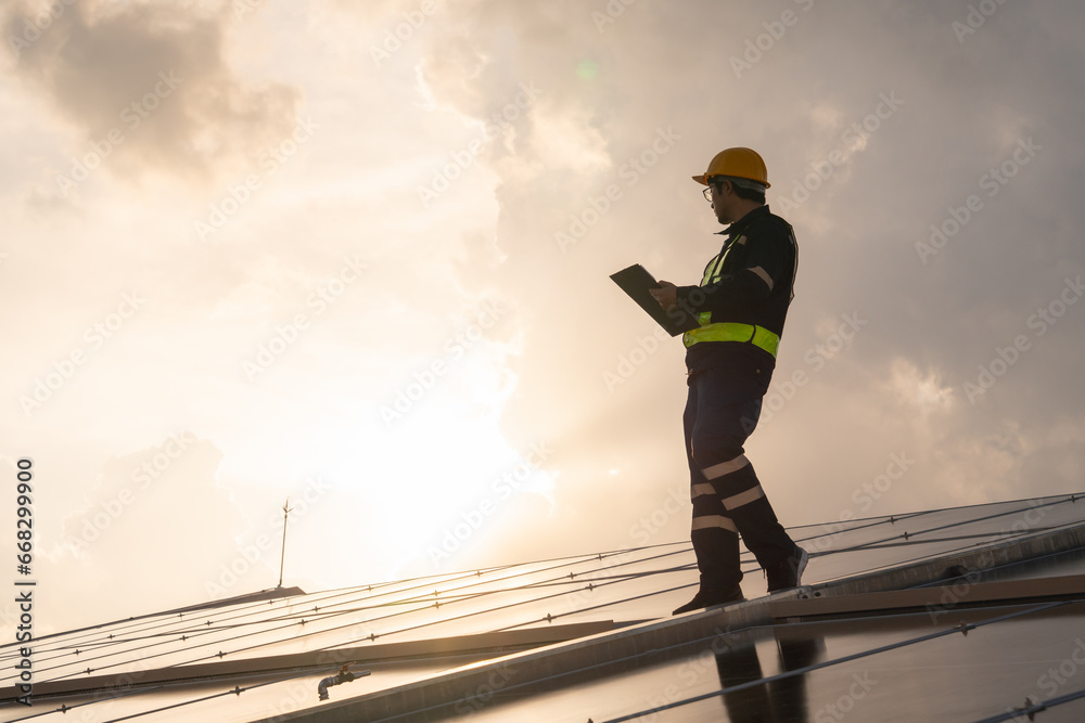 Techniques checking solar cell on the roof for maintenance. Service engineer worker install solar panel. Clean energy concept.. Techniques checking solar cell on the roof for maintenance. Service engineer worker install solar panel. Clean energy concept..