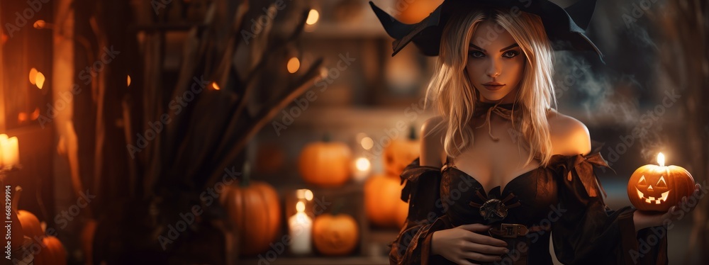 witch with pumpkin at halloween party