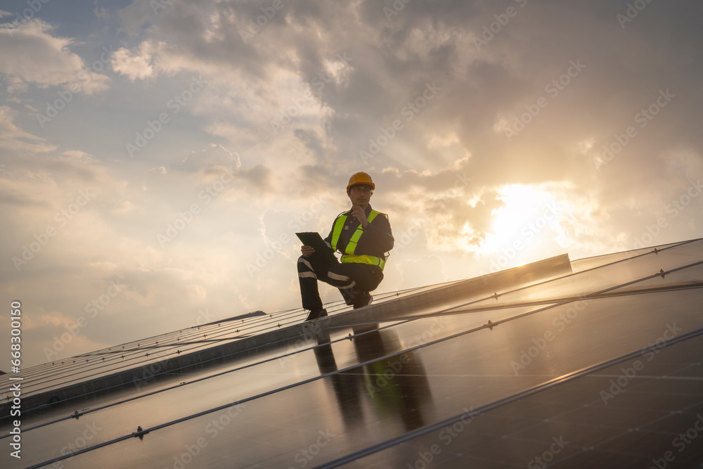 Techniques checking solar cell on the roof for maintenance. Service engineer worker install solar panel. Clean energy concept.. Techniques checking solar cell on the roof for maintenance. Service engineer worker install solar panel. Clean energy concept..
