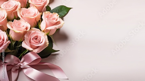 Ein sch  ner Blumenstrau   mit rosa Rosen und einer Schleife  isoliert auf einem rosa Hintergrund  passend f  r Valentinstag  Muttertag oder Hochzeit  mit Platz f  r Text. Mockup