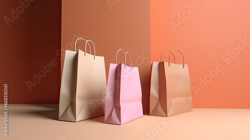  3D Paper bags on ping background. Online shopping concept. 3d render illustration