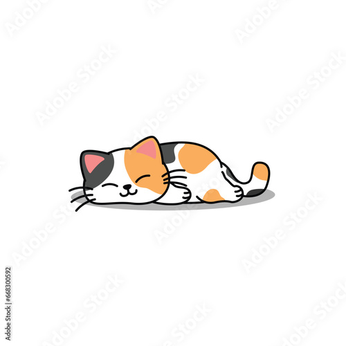 Lazy calico cat sleeping cartoon, Cute fat cat three color, vector illustration photo