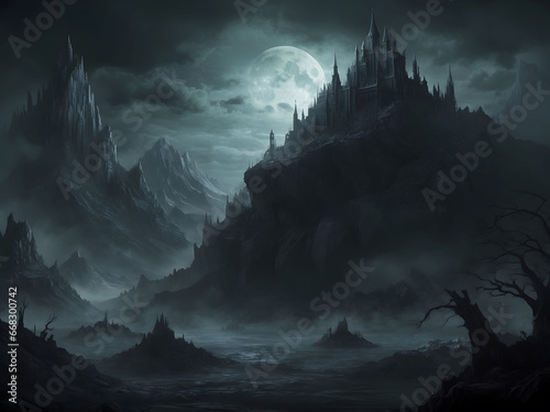 dark and mysterious fantasy realm with sinister castles