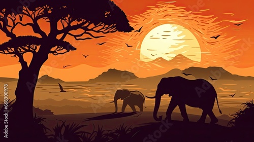  African Wildlife  Elephants under sunset and Mount Kilimanjaro  vector illustration