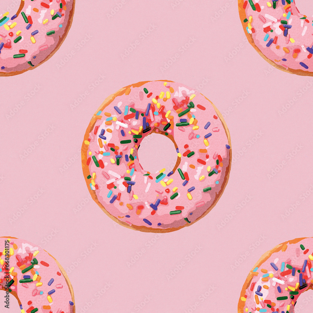 Colorful sweet donut. Funny illustration in shades of pink. Watercolor on paper texture. Seamless food background. Colorful sweet donut. Funny illustration in shades of pink. Watercolor on paper texture. Seamless food background.