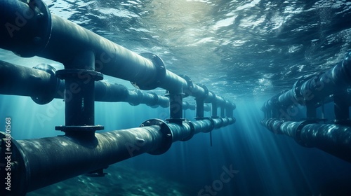 Gas pipeline under water, steel pipes supplying oil to national reserves