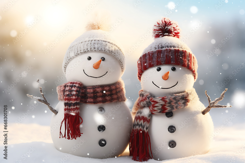 Muñecos de nieve con gorro, y bufandas de lana y nariz de zanahoria Muñecos de nieve con gorro, y bufandas de lana y nariz de zanahoria