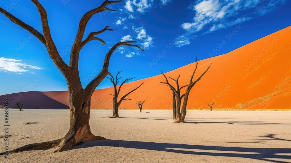 Dead Camelthorn Trees against red dunes and blue sky in Deadvlei, Sossusvlei. Namib - Naukluft National Park, Namibia, Africa Dead Camelthorn Trees against red dunes and blue sky in Deadvlei, Sossusvlei. Namib - Naukluft National Park, Namibia, Africa
