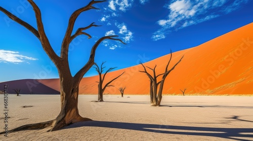  Dead Camelthorn Trees against red dunes and blue sky in Deadvlei, Sossusvlei. Namib - Naukluft National Park, Namibia, Africa