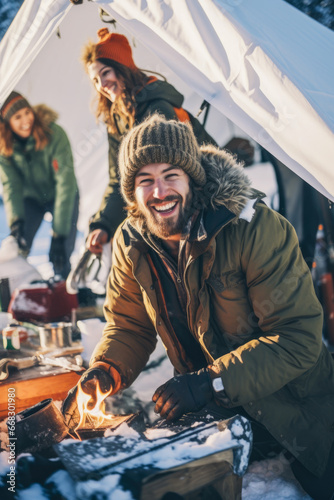 Traveling friends smiling and exploring the mountain in the snow.