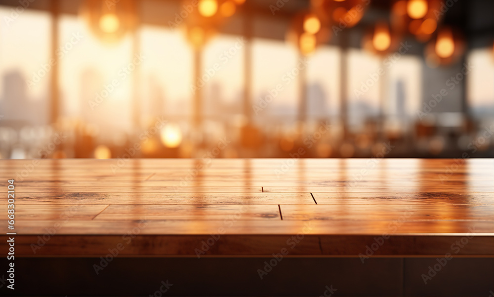 Empty brown wooden table and blur background. Created with Generative AI Empty brown wooden table and blur background. Created with Generative AI
