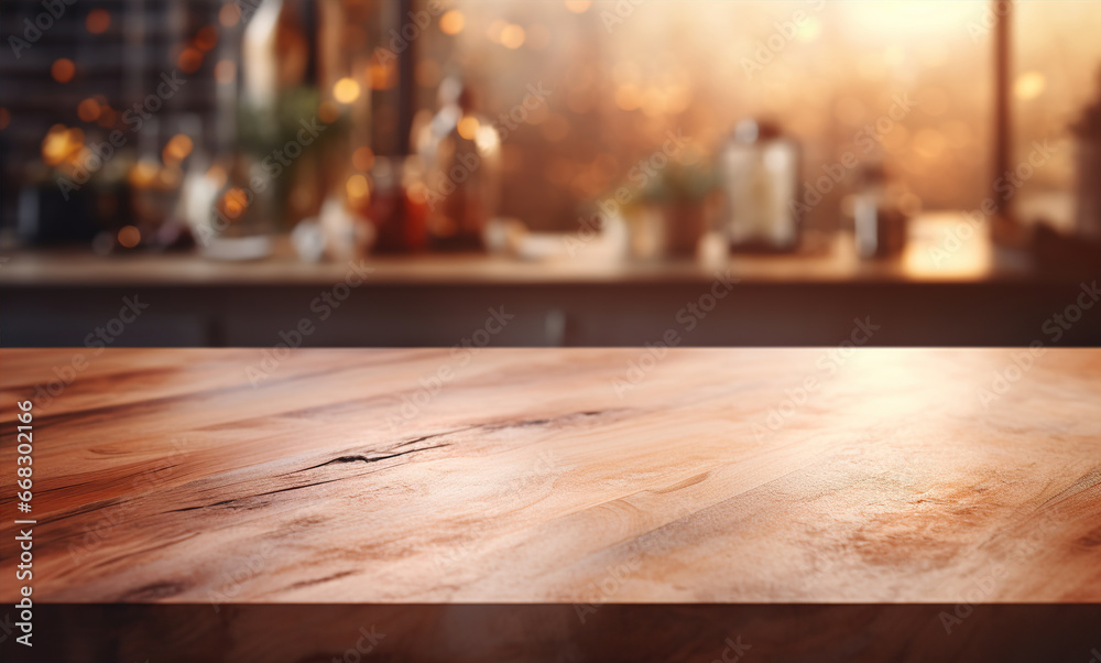 Empty brown wooden table and blur background. Created with Generative AI Empty brown wooden table and blur background. Created with Generative AI