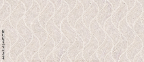 Kraft or recykling paper in beige tones. Organic texture. All over botanical pattern with leaves motif. Art Deco style. 