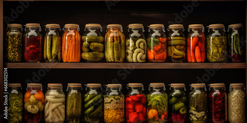 canned vegetables in The kitchen table Food Storage shelves with canned food. AI Generative
