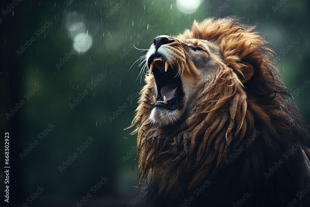 Naklejka premium A lion gives a mighty roar. Great for stories on lions, wilderness, jungle, adventure, travel, nature and more. 
