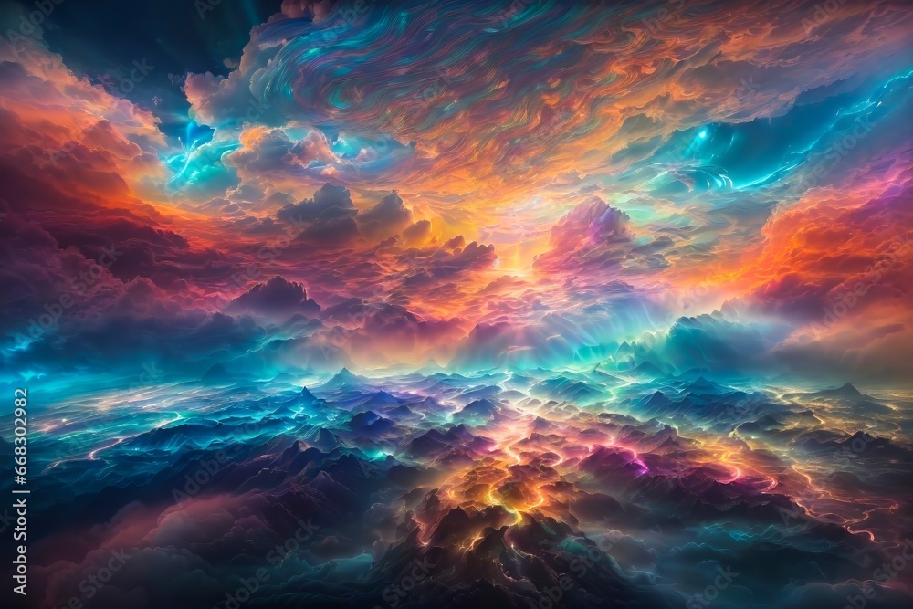 Colorful Surreal Abstract Storm Clouds. Heavenly Sky Featuring Colorful Clouds and Ethereal Shapes. Bright Fantasy Clouds