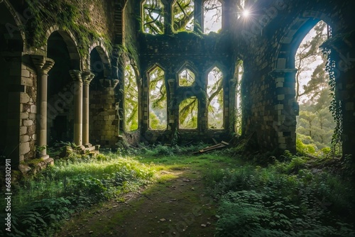 Abandoned Medieval Castle Ruins. Old Castle Fortress. Long Time Forgotten Fortress in the Woods. 