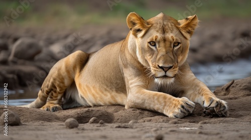  Lion female stretches on the Sand River Stones in Masai Mara, Kenya