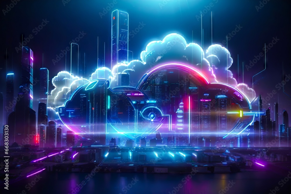 Futuristic Digital Cloud in a Sci-Fi World. Digital Cloud Data Flow. Digital Informational Technology Web Futuristic Cloud. Cloud Computing. Abstract Motion of Digital Data Flow.