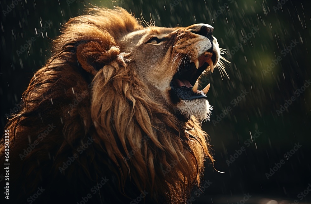 Naklejka premium A lion gives a mighty roar. Great for stories on lions, wilderness, jungle, adventure, travel, nature and more. 