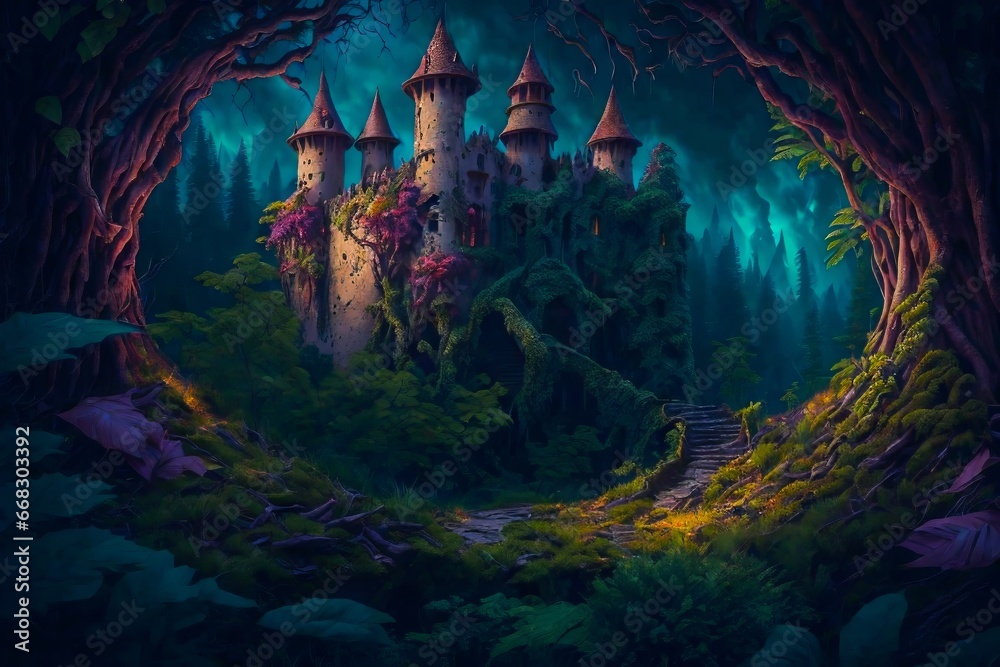 Illustration of Fairy tale Magical Abandoned Castle Fortress.